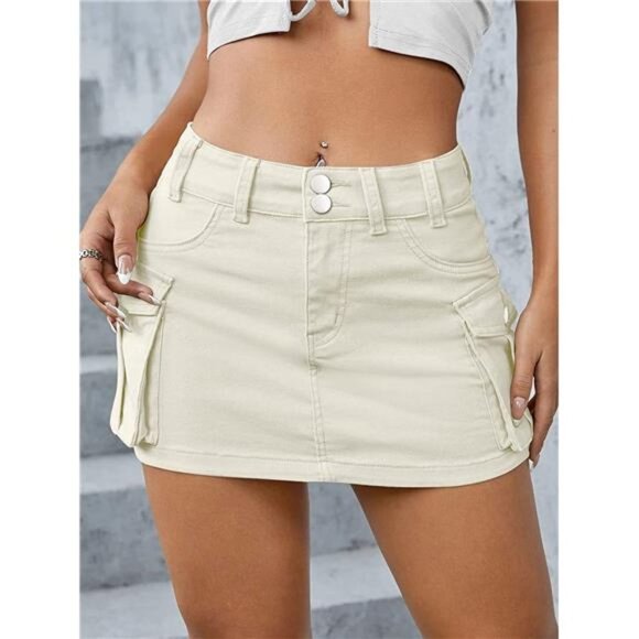 Dresses & Skirts - Y2K Beige Off White Cargo Denim Mini‎ Skirt Low Waist Extra Short Bodycon Skirt
